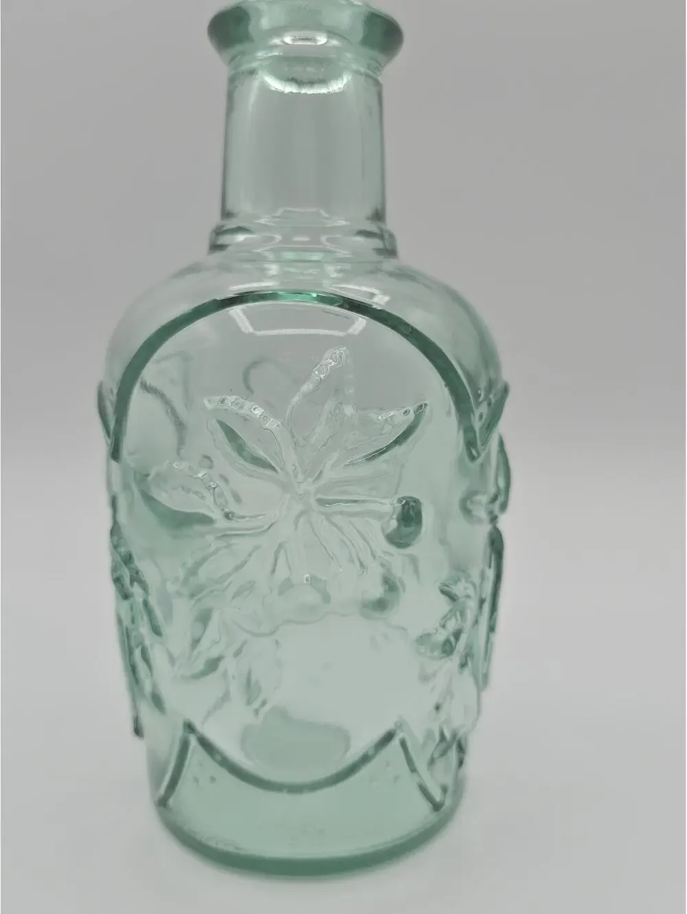 Vintage Libbey Canada Green Glass Decanter Vase w/Orchard Fruit Design